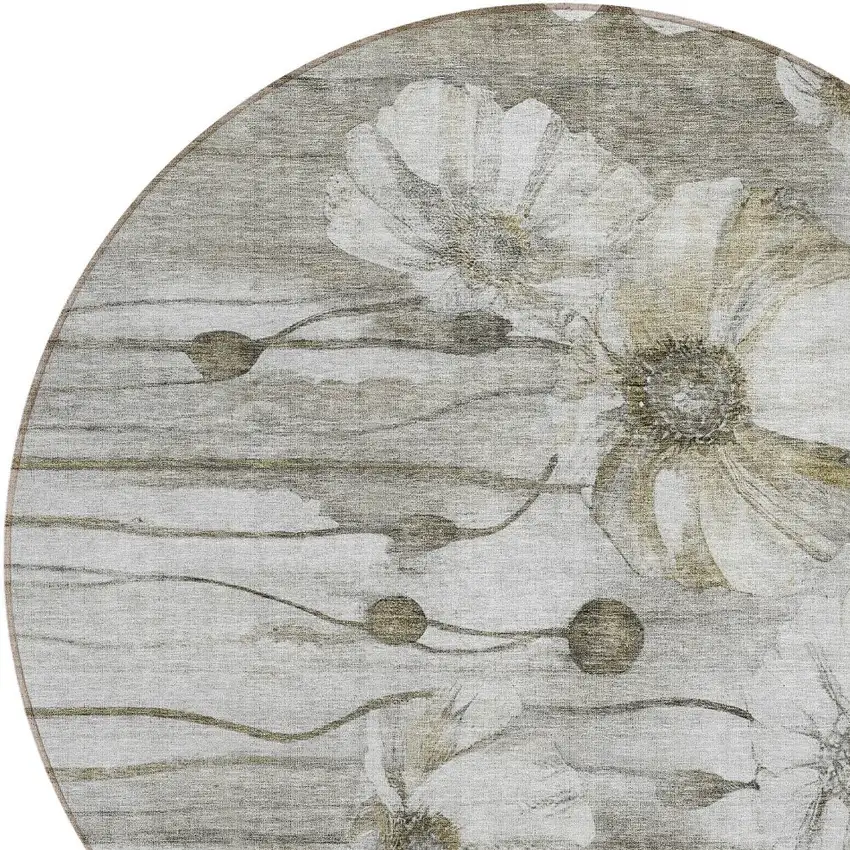 8' Taupe Ivory And Tan Round Floral Washable Indoor Outdoor Area Rug Photo 5