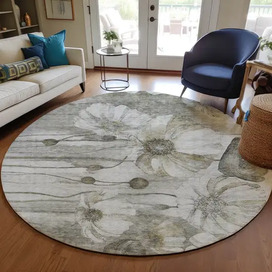 8' Taupe Ivory And Tan Round Floral Washable Indoor Outdoor Area Rug Photo 8