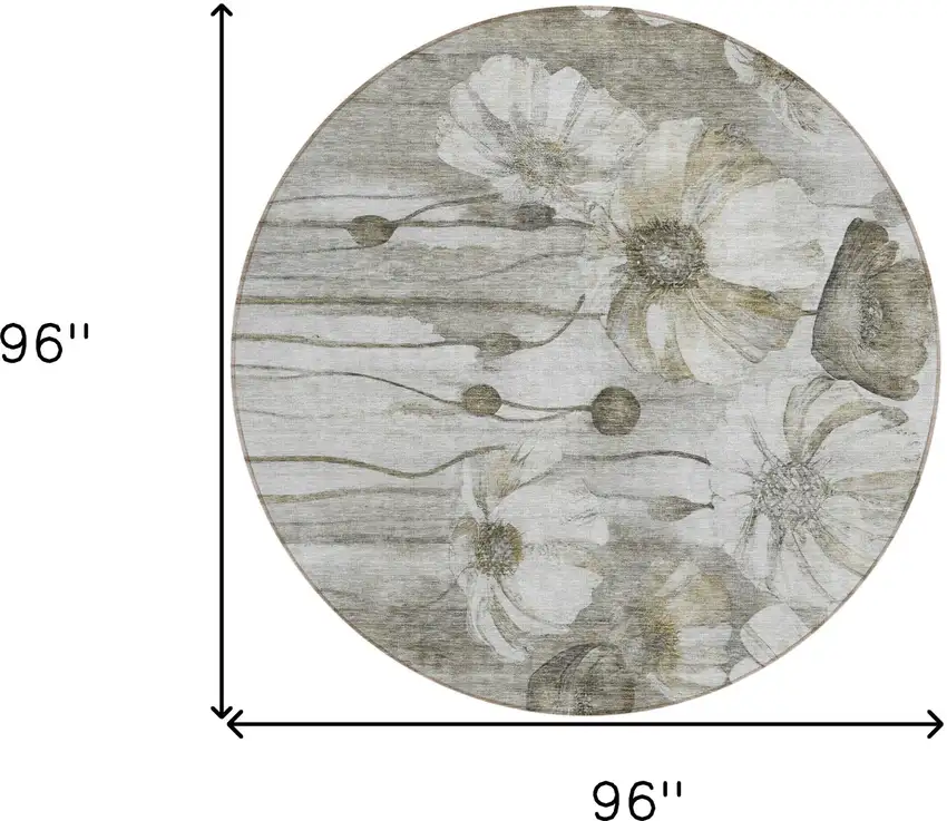 8' Taupe Ivory And Tan Round Floral Washable Indoor Outdoor Area Rug Photo 9