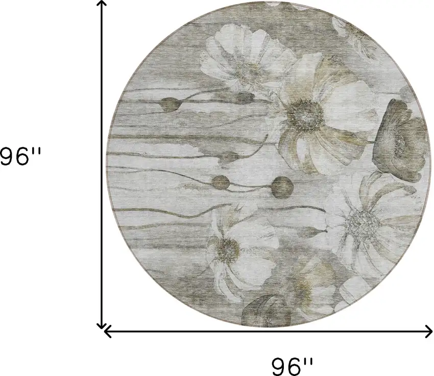 8' Taupe Ivory And Tan Round Floral Washable Indoor Outdoor Area Rug Photo 9