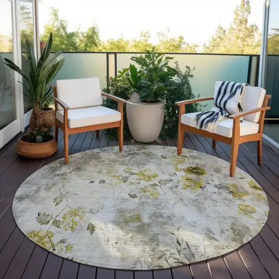 8' Taupe Ivory And Tan Round Floral Washable Indoor Outdoor Area Rug Photo 7