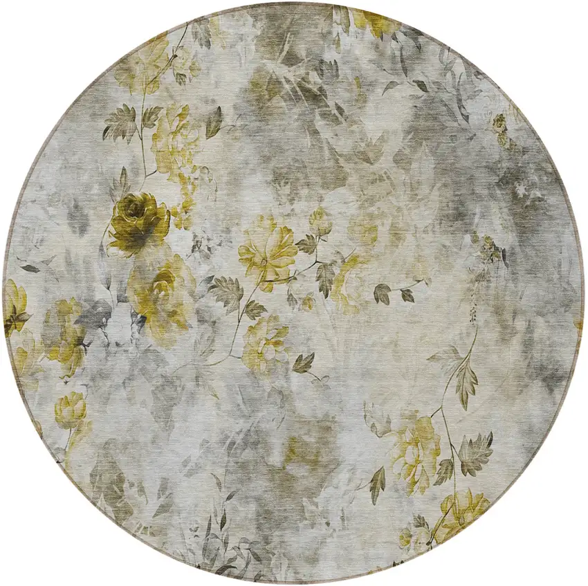 8' Taupe Ivory And Tan Round Floral Washable Indoor Outdoor Area Rug Photo 5