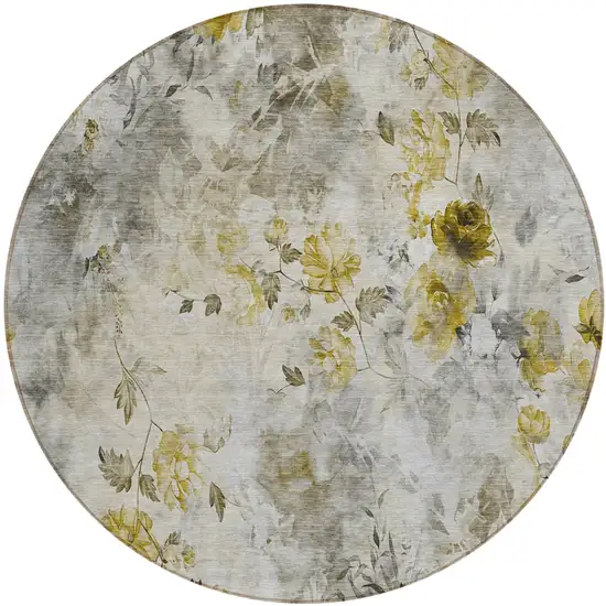 8' Taupe Ivory And Tan Round Floral Washable Indoor Outdoor Area Rug Photo 2