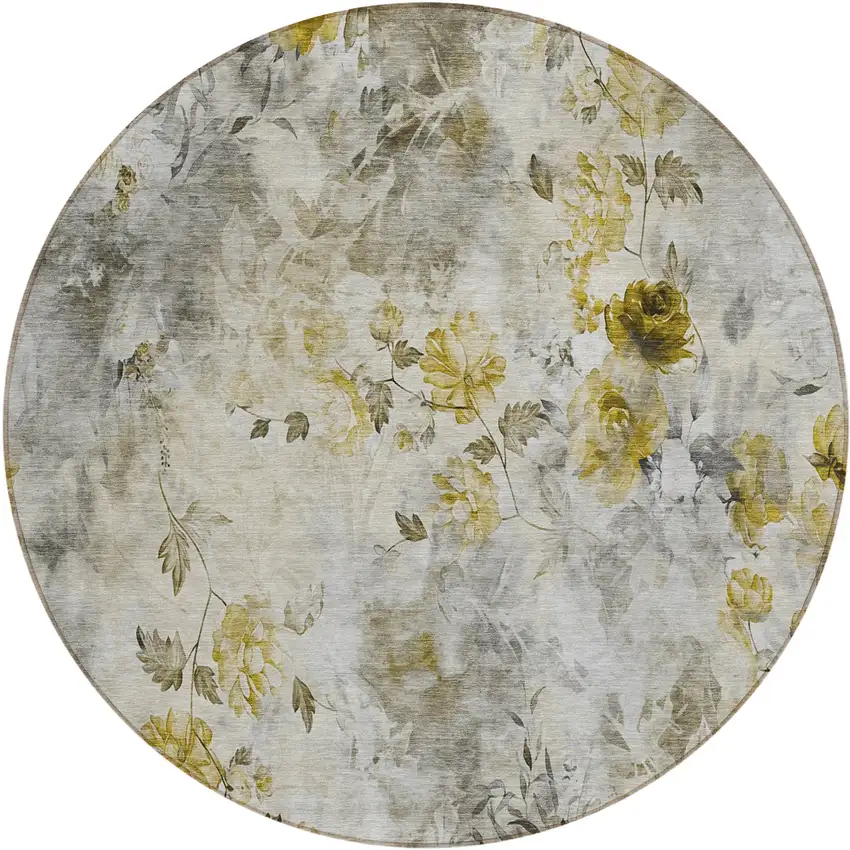 8' Taupe Ivory And Tan Round Floral Washable Indoor Outdoor Area Rug Photo 2