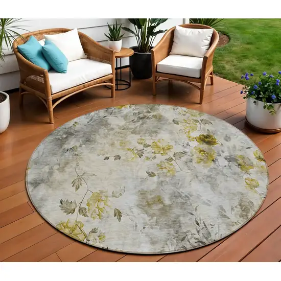 8' Taupe Ivory And Tan Round Floral Washable Indoor Outdoor Area Rug Photo 1
