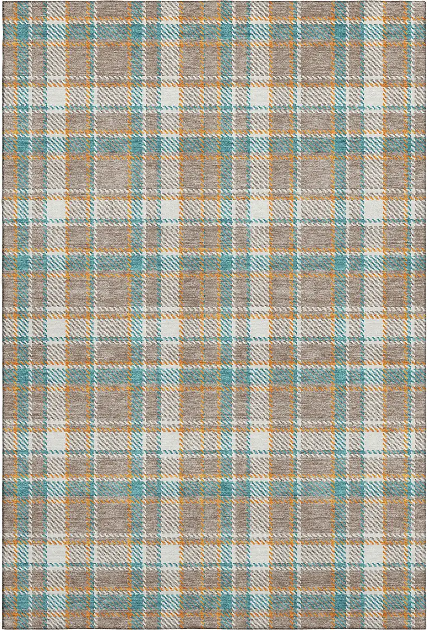 8' Taupe Ivory And Teal Plaid Washable Area Rug With UV Protection Photo 1