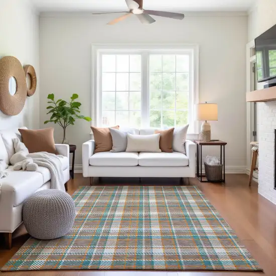 8' Taupe Ivory And Teal Plaid Washable Area Rug With UV Protection Photo 5