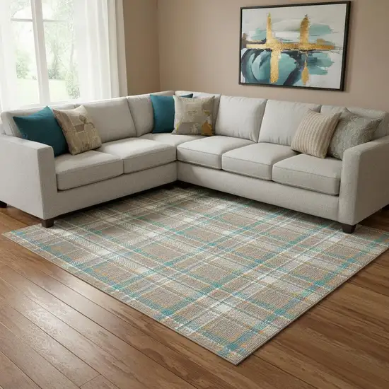8' Taupe Ivory And Teal Plaid Washable Area Rug With UV Protection Photo 2