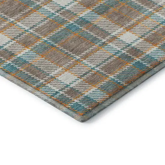 8' Taupe Ivory And Teal Plaid Washable Area Rug With UV Protection Photo 7