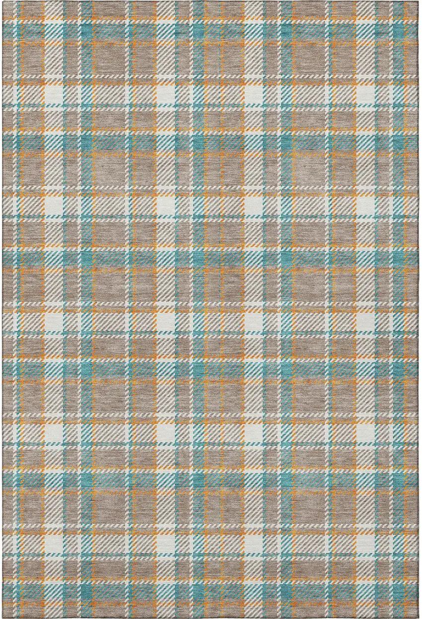 8' Taupe Ivory And Teal Plaid Washable Area Rug With UV Protection Photo 3