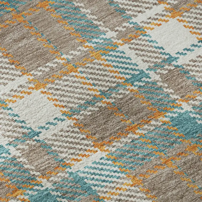 8' Taupe Ivory And Teal Plaid Washable Area Rug With UV Protection Photo 9