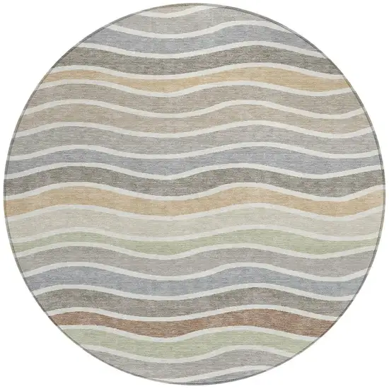8' Taupe Ivory And Wheat Round Striped Washable Indoor Outdoor Area Rug Photo 4