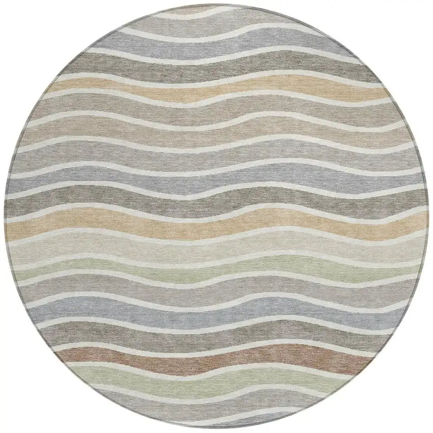 8' Taupe Ivory And Wheat Round Striped Washable Indoor Outdoor Area Rug Photo 4