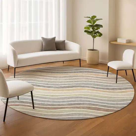 8' Taupe Ivory And Wheat Round Striped Washable Indoor Outdoor Area Rug Photo 9