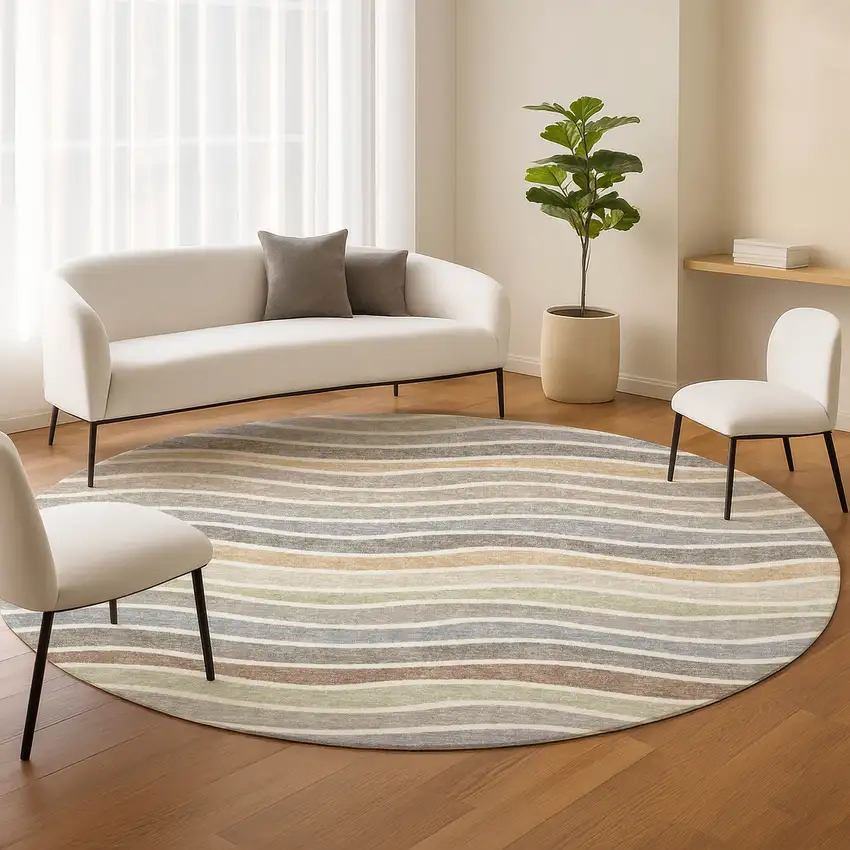 8' Taupe Ivory And Wheat Round Striped Washable Indoor Outdoor Area Rug Photo 9