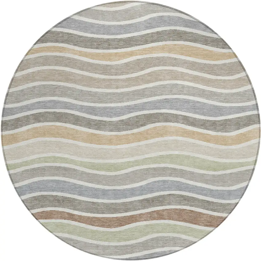 8' Taupe Ivory And Wheat Round Striped Washable Indoor Outdoor Area Rug Photo 2