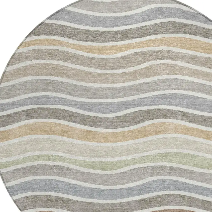 8' Taupe Ivory And Wheat Round Striped Washable Indoor Outdoor Area Rug Photo 6