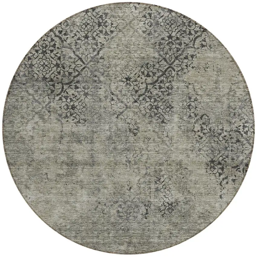 8' Taupe Khaki And Charcoal Round Floral Washable Indoor Outdoor Area Rug Photo 5