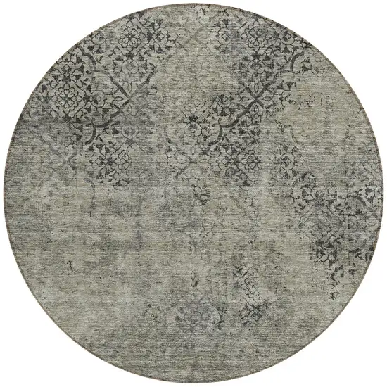 8' Taupe Khaki And Charcoal Round Floral Washable Indoor Outdoor Area Rug Photo 5