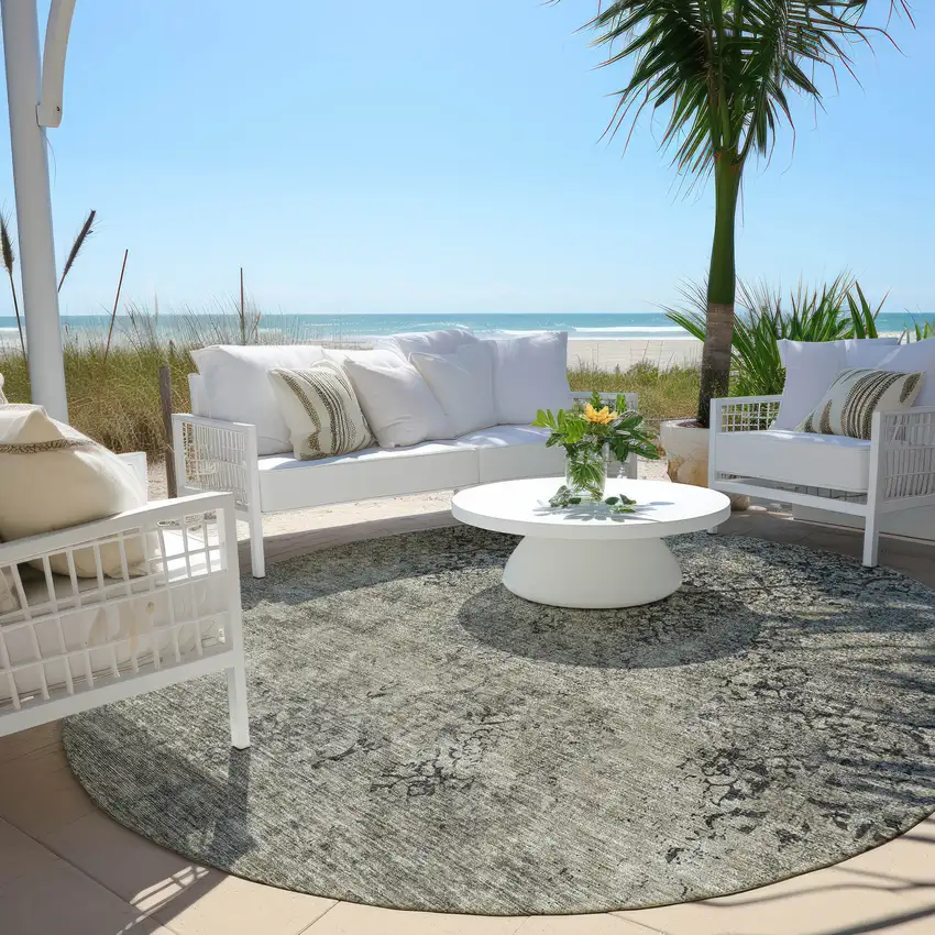 8' Taupe Khaki And Charcoal Round Floral Washable Indoor Outdoor Area Rug Photo 6