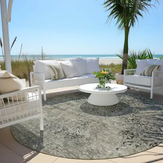 8' Taupe Khaki And Charcoal Round Floral Washable Indoor Outdoor Area Rug Photo 6