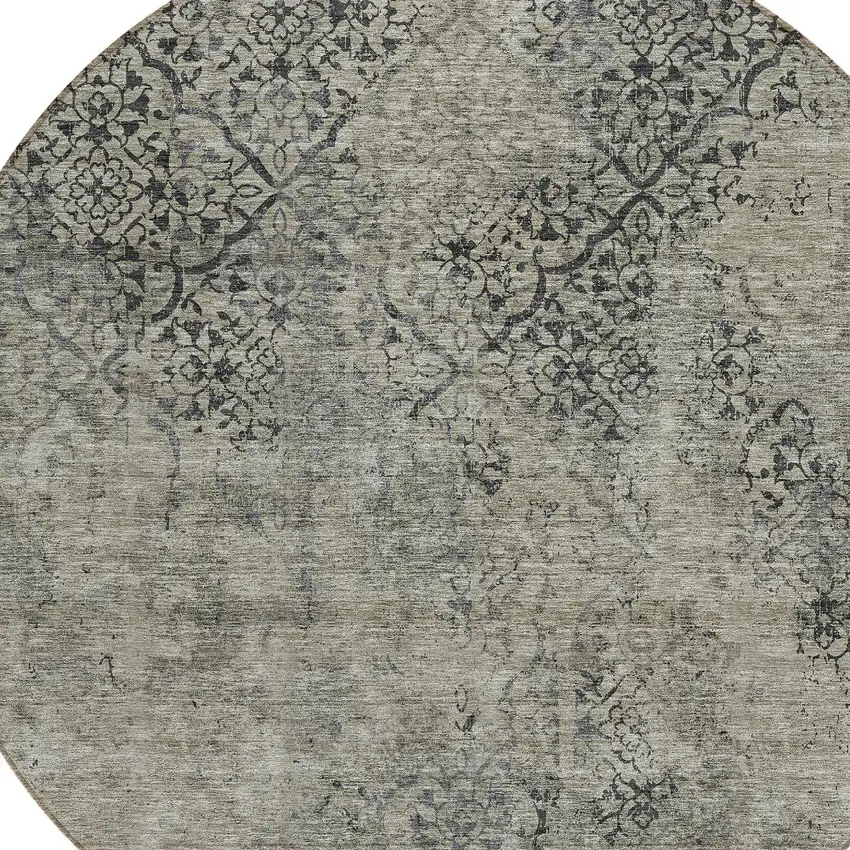 8' Taupe Khaki And Charcoal Round Floral Washable Indoor Outdoor Area Rug Photo 4