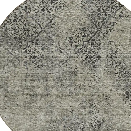 8' Taupe Khaki And Charcoal Round Floral Washable Indoor Outdoor Area Rug Photo 4