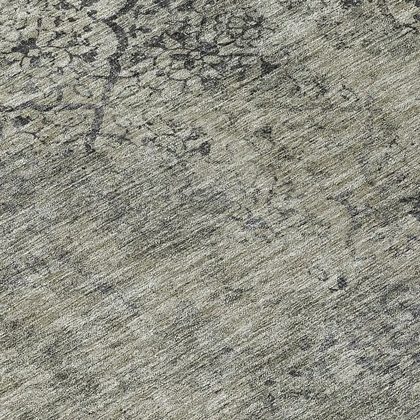 8' Taupe Khaki And Charcoal Round Floral Washable Indoor Outdoor Area Rug Photo 8