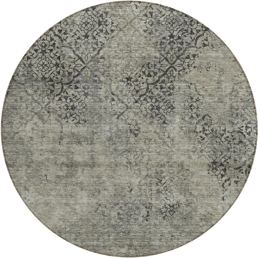 8' Taupe Khaki And Charcoal Round Floral Washable Indoor Outdoor Area Rug Photo 2