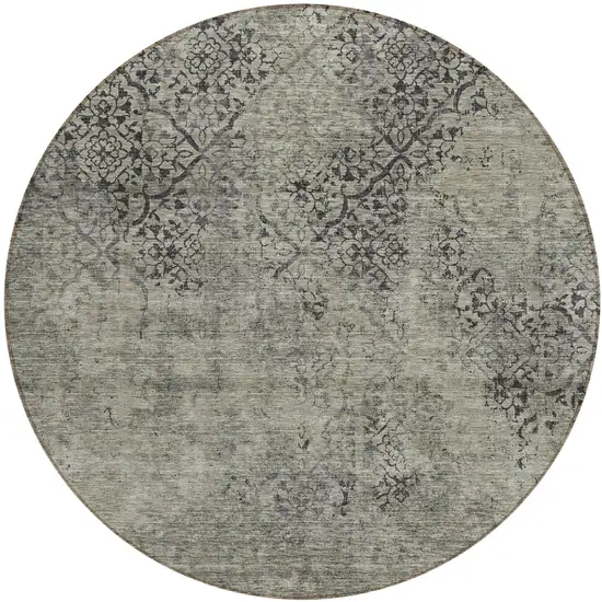 8' Taupe Khaki And Charcoal Round Floral Washable Indoor Outdoor Area Rug Photo 2