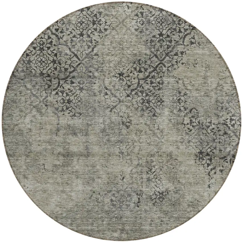 8' Taupe Khaki And Charcoal Round Floral Washable Indoor Outdoor Area Rug Photo 2