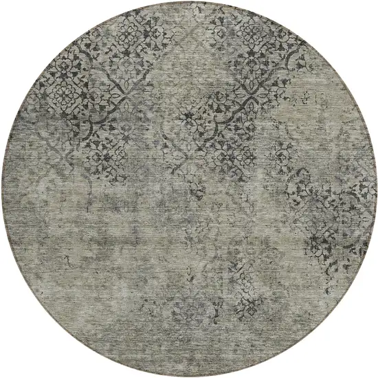 8' Taupe Khaki And Charcoal Round Floral Washable Indoor Outdoor Area Rug Photo 2