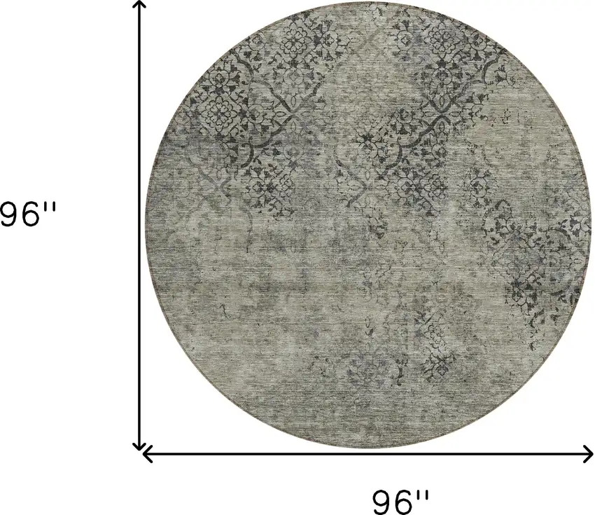 8' Taupe Khaki And Charcoal Round Floral Washable Indoor Outdoor Area Rug Photo 3