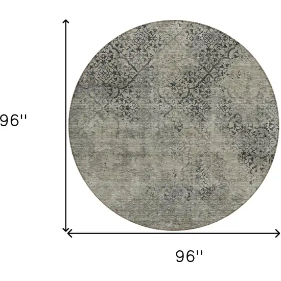 8' Taupe Khaki And Charcoal Round Floral Washable Indoor Outdoor Area Rug Photo 3