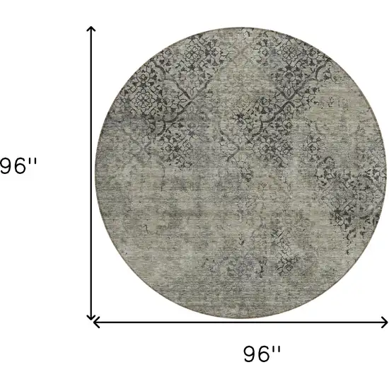 8' Taupe Khaki And Charcoal Round Floral Washable Indoor Outdoor Area Rug Photo 3