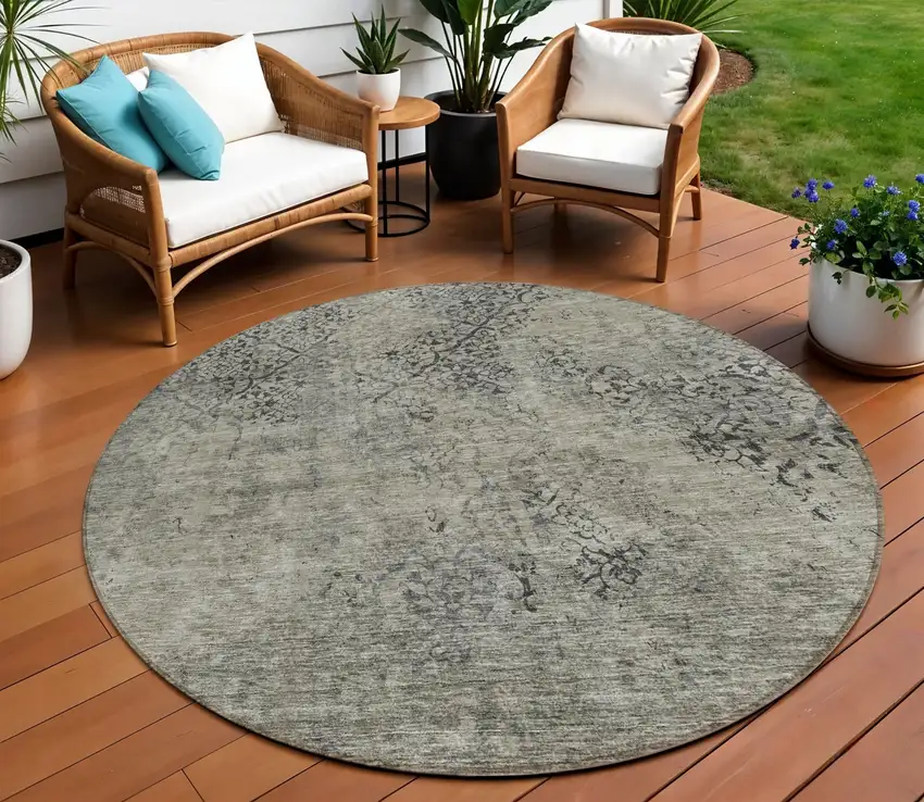 8' Taupe Khaki And Charcoal Round Floral Washable Indoor Outdoor Area Rug Photo 1