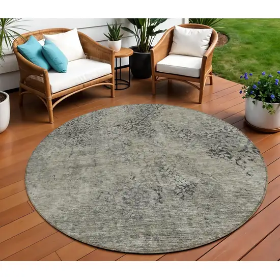 8' Taupe Khaki And Charcoal Round Floral Washable Indoor Outdoor Area Rug Photo 1