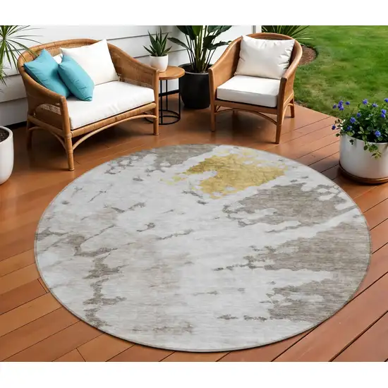 8' Taupe Khaki And Ivory Round Abstract Washable Indoor Outdoor Area Rug Photo 2