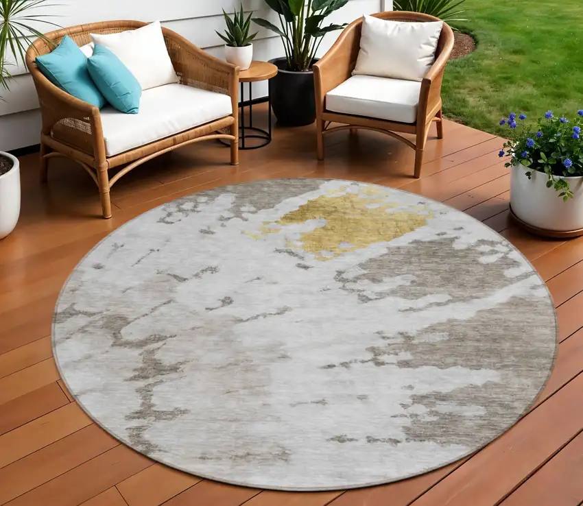 8' Taupe Khaki And Ivory Round Abstract Washable Indoor Outdoor Area Rug Photo 2