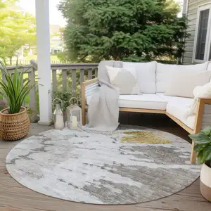 Photo of 8' Taupe Khaki And Ivory Round Abstract Washable Indoor Outdoor Area Rug