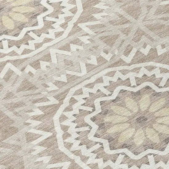 8' Taupe Khaki And Ivory Round Floral Medallion Washable Indoor Outdoor Area Rug Photo 4