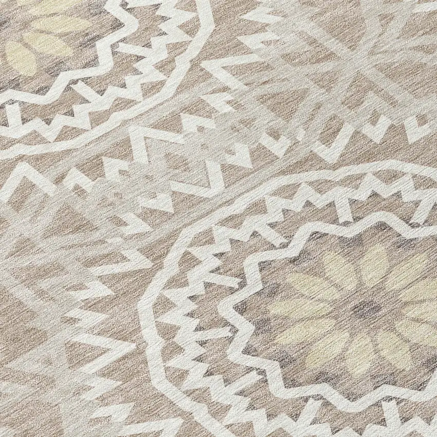 8' Taupe Khaki And Ivory Round Floral Medallion Washable Indoor Outdoor Area Rug Photo 4