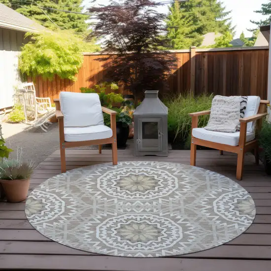 8' Taupe Khaki And Ivory Round Floral Medallion Washable Indoor Outdoor Area Rug Photo 6