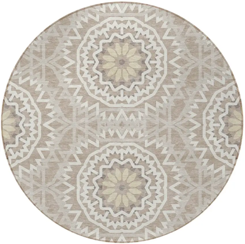 8' Taupe Khaki And Ivory Round Floral Medallion Washable Indoor Outdoor Area Rug Photo 5
