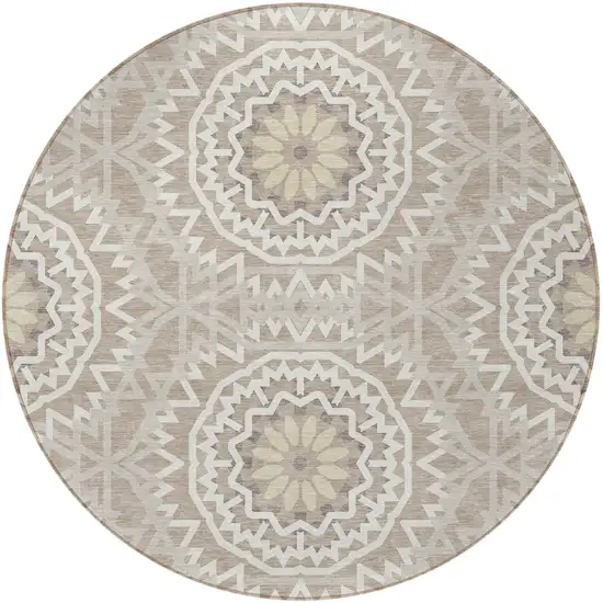 8' Taupe Khaki And Ivory Round Floral Medallion Washable Indoor Outdoor Area Rug Photo 5