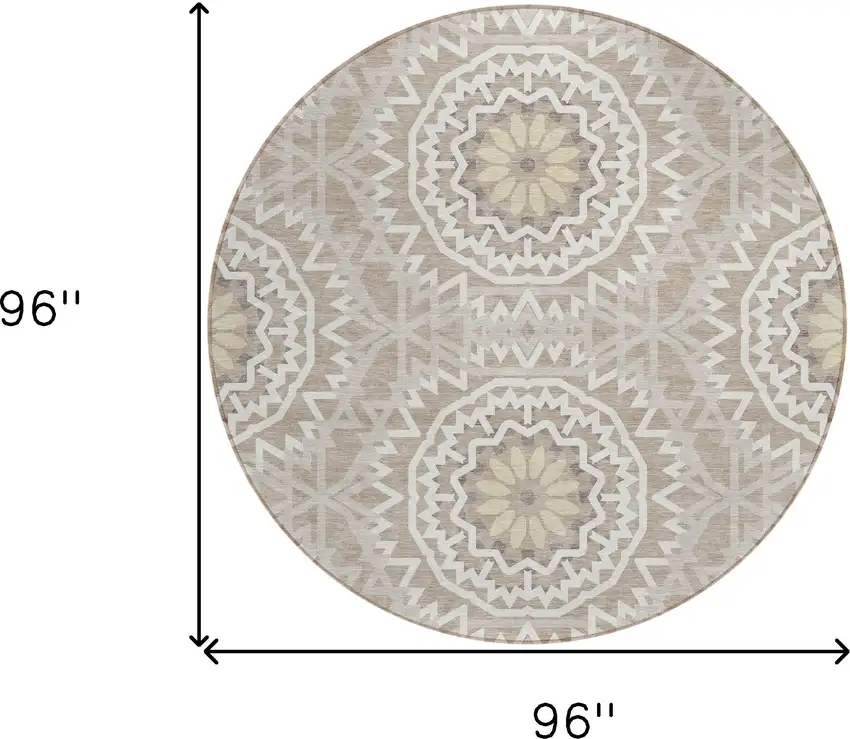 8' Taupe Khaki And Ivory Round Floral Medallion Washable Indoor Outdoor Area Rug Photo 3