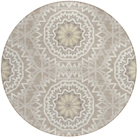 8' Taupe Khaki And Ivory Round Floral Medallion Washable Indoor Outdoor Area Rug Photo 2