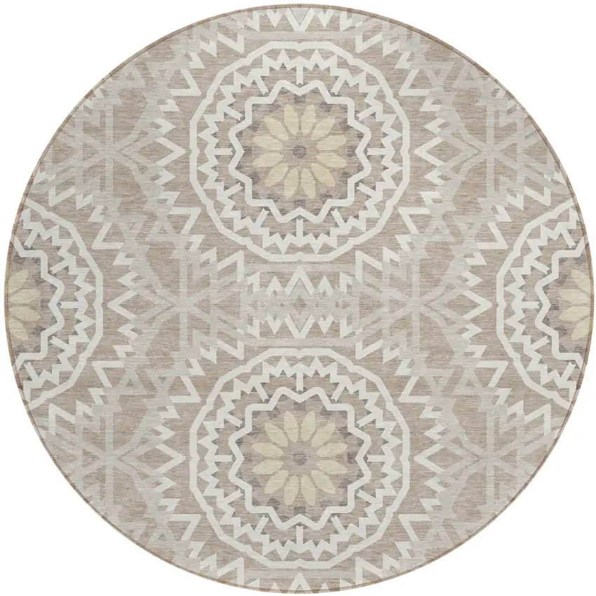 8' Taupe Khaki And Ivory Round Floral Medallion Washable Indoor Outdoor Area Rug Photo 2