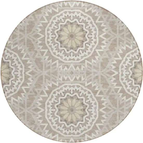 8' Taupe Khaki And Ivory Round Floral Medallion Washable Indoor Outdoor Area Rug Photo 2