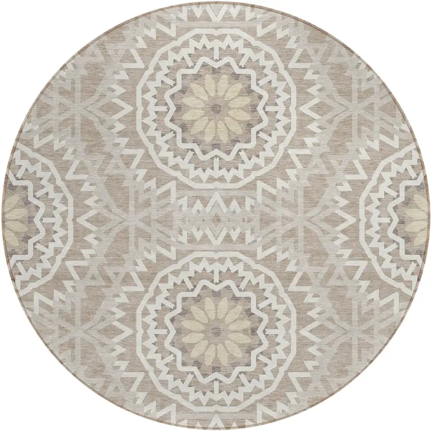 8' Taupe Khaki And Ivory Round Floral Medallion Washable Indoor Outdoor Area Rug Photo 2